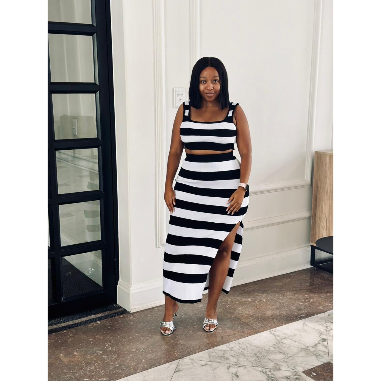 Knitted Striped Crop Top And Skirt Set