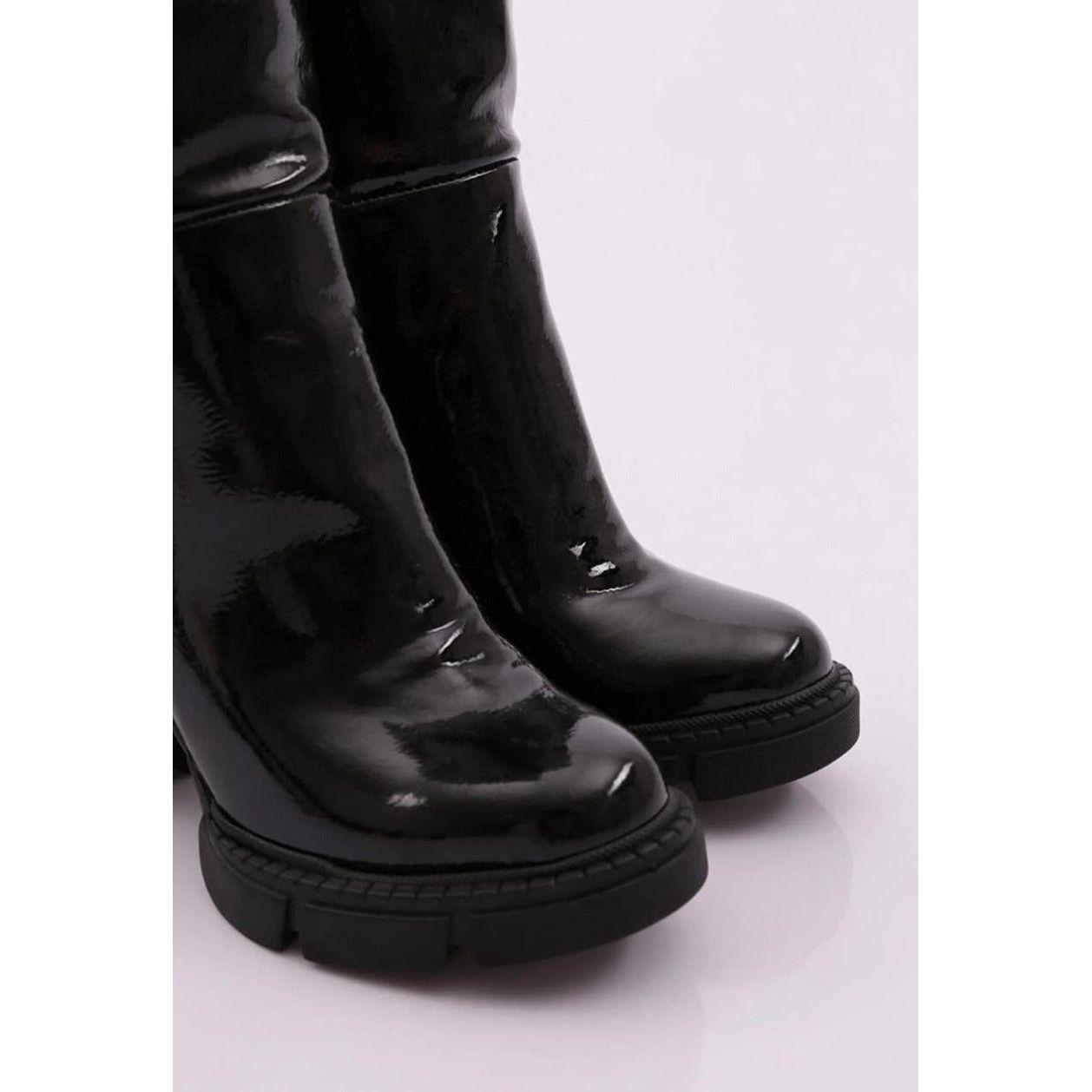 Long Glossy Thick Heel Boots