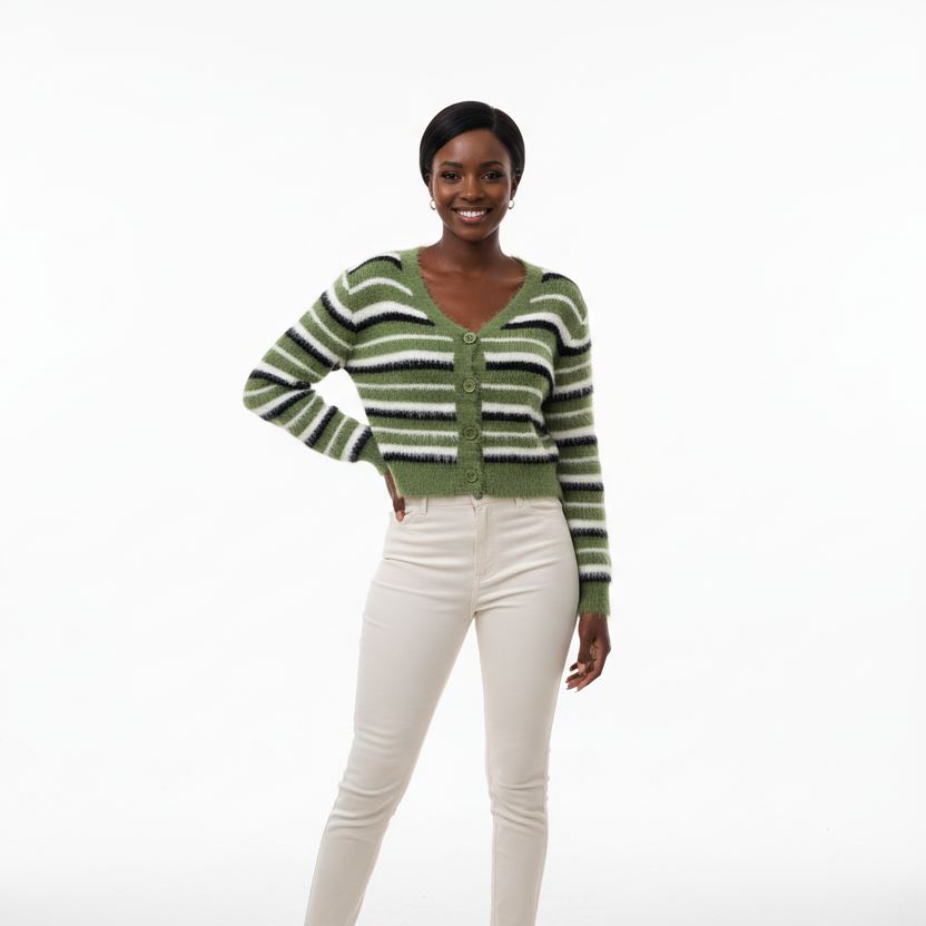 Striped Pattern Fluffy Knit Cardigan