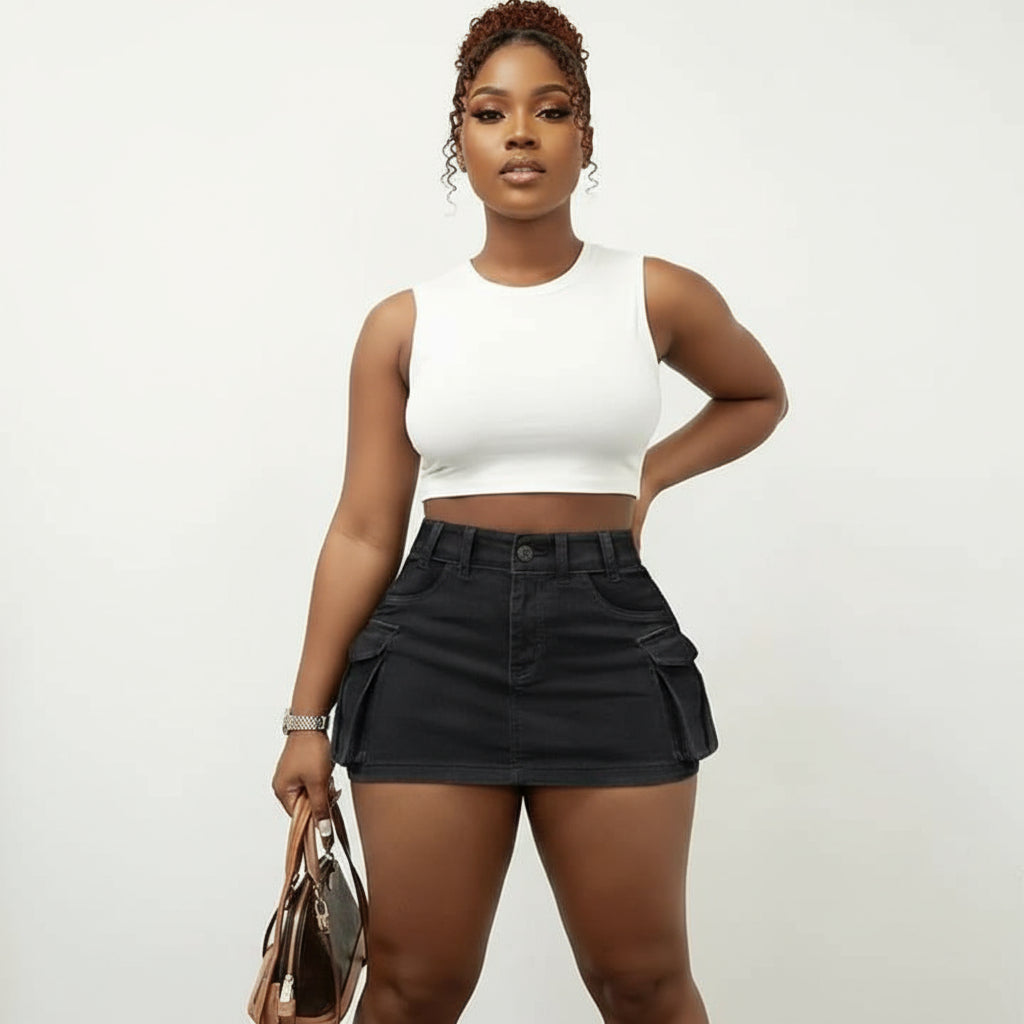 High Waist Side Pocket Mini Skirt.