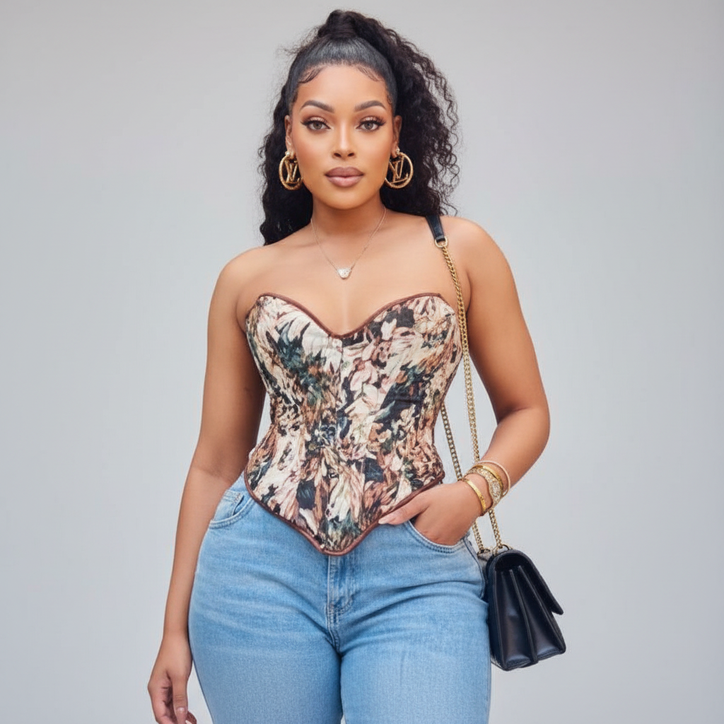 Heart Shape Floral Lace Up Corset Top.