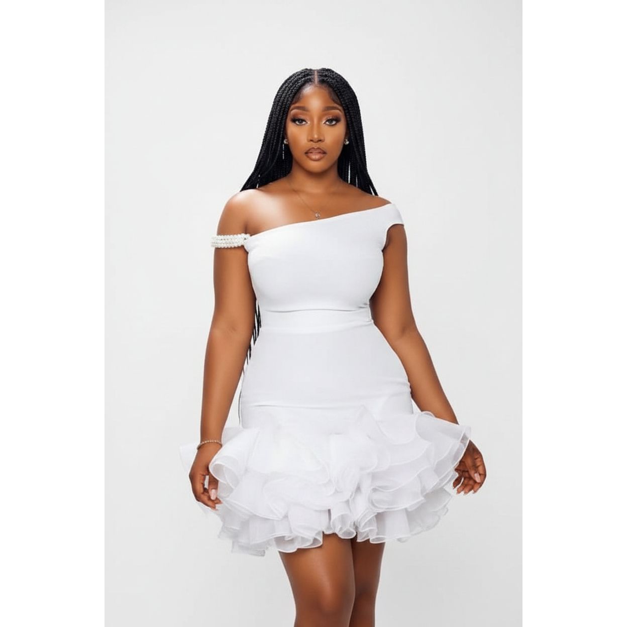 Elegant One-Shoulder Ruffle Hem Mini Dress.