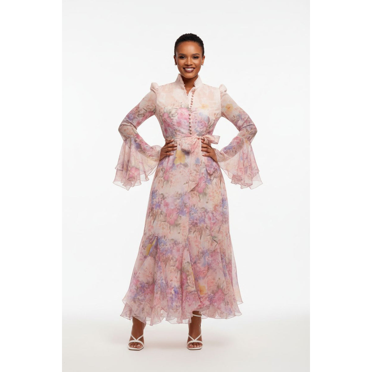 Elegant Floral Print Ruffle Cuff Maxi Dress