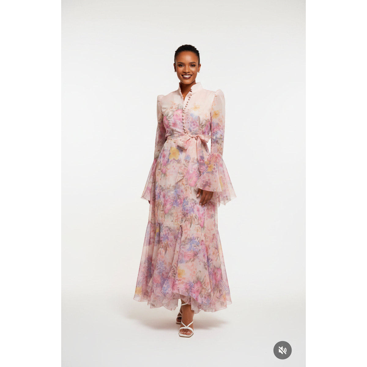 Elegant Floral Print Ruffle Cuff Maxi Dress