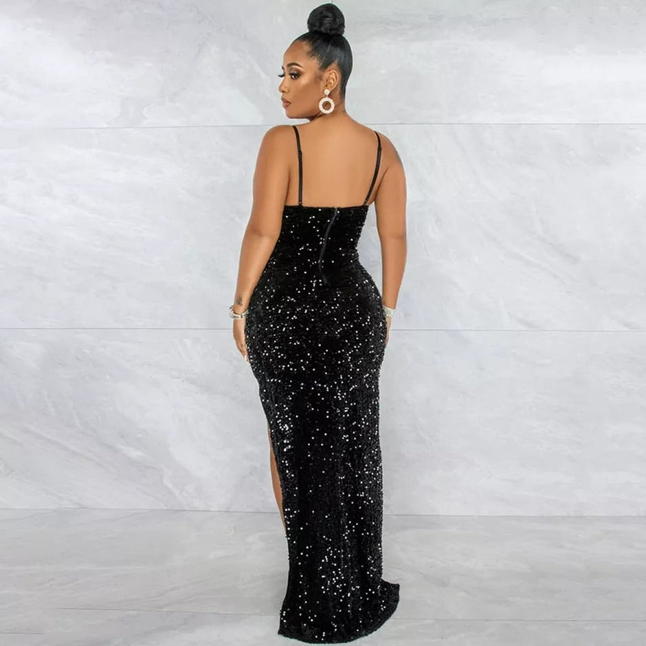 Multi Color Side Mesh Panel Asymmetrical High Slit Sequin Dress
