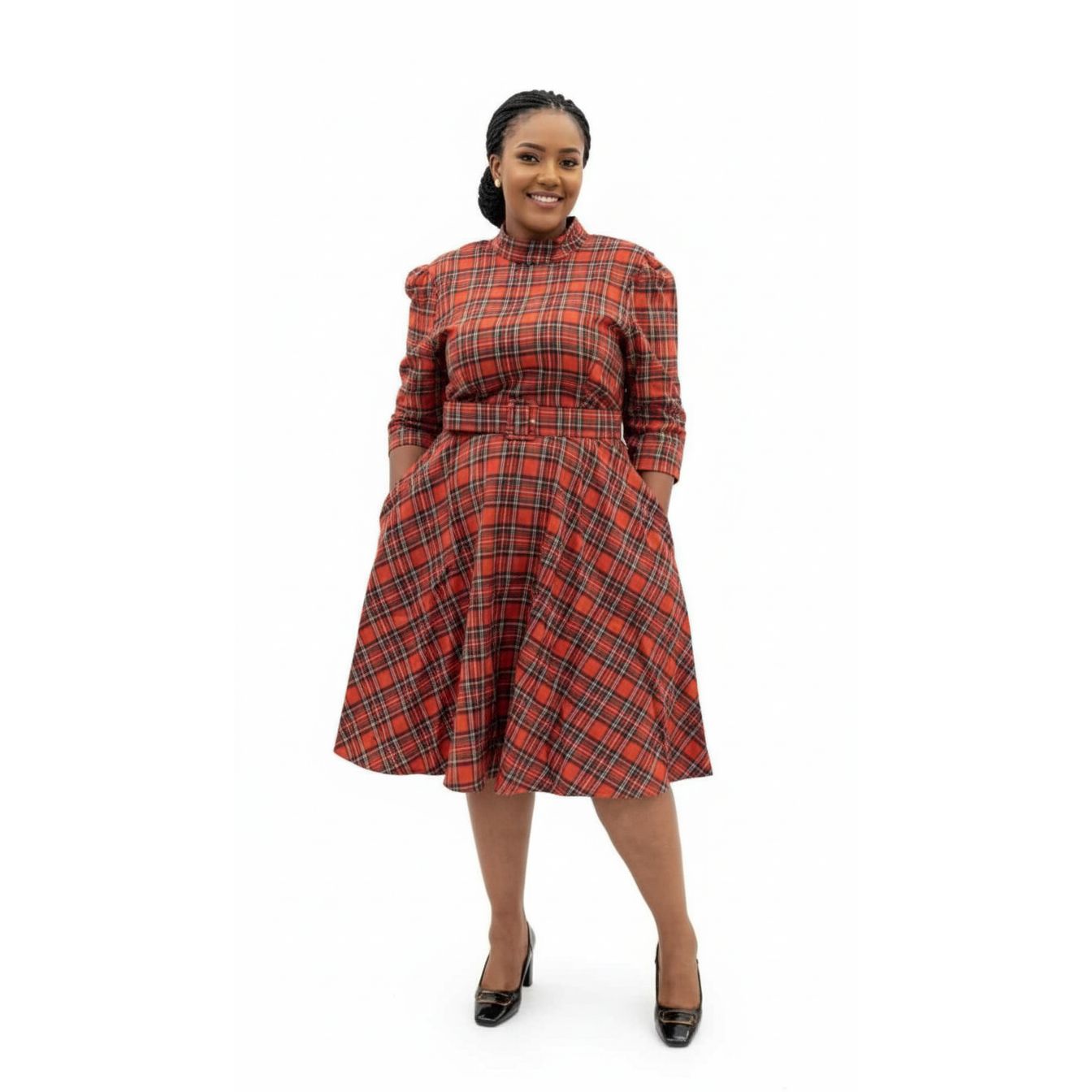 Plus Tartan Print Lantern Sleeve Dress.