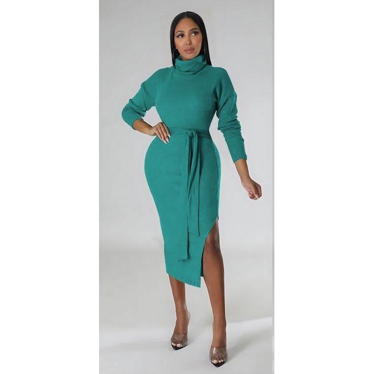Turtleneck Slit Bodycon Dress