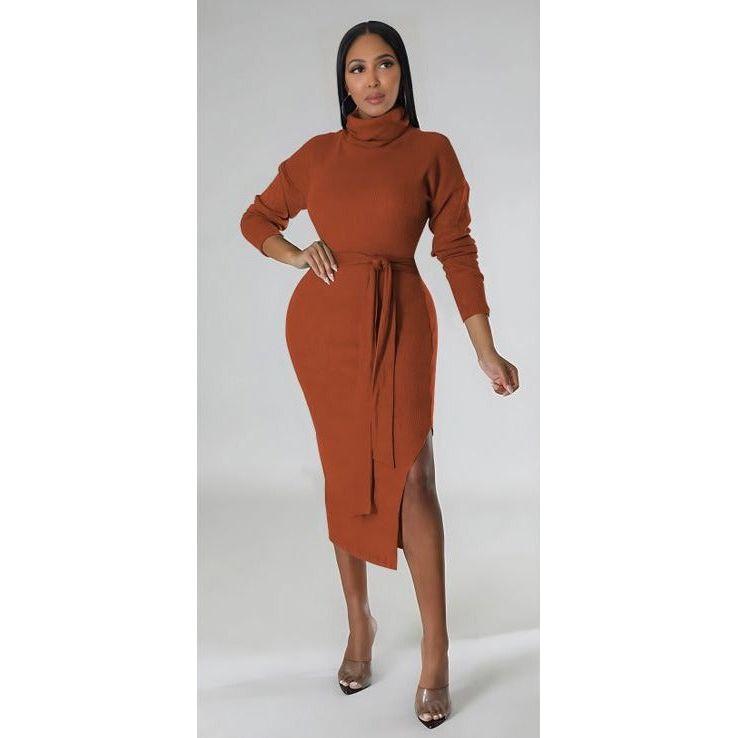 Turtleneck Slit Bodycon Dress