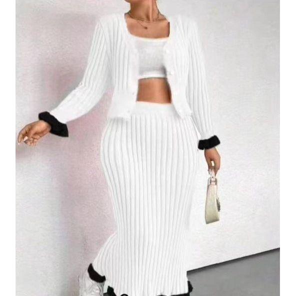 Sexy Knitted Buttoned Top and Skirt Set