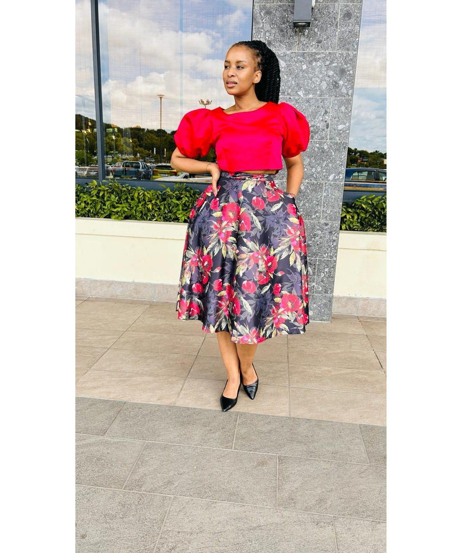 Abstract Maroon Floral Twirl Skirt main image 1