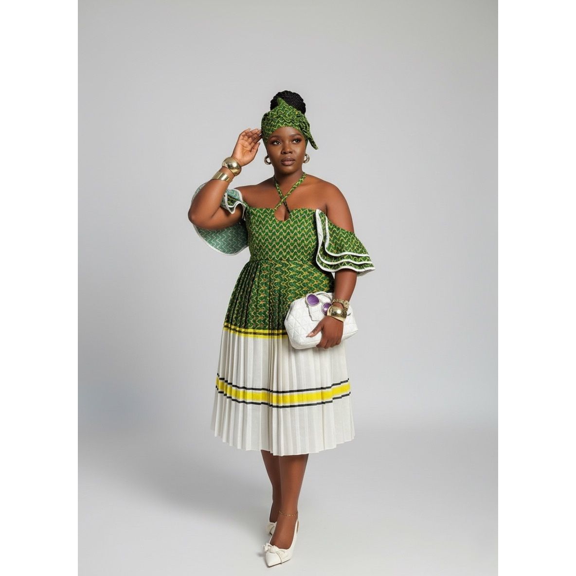 Flare Sleeves Off-Shoulder Pleated Traditional Midi Dress YELLOW SUB TRADING Flare Sleeves Off-Shoulder Pleated Traditional Midi Dress YELLOW SUB TRADING