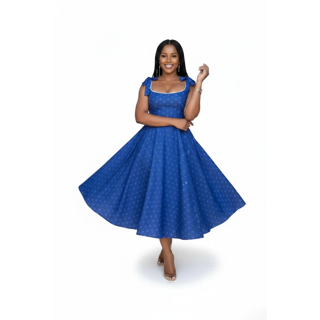 Plus Size Pearl Trim Shoulder Tie Dress