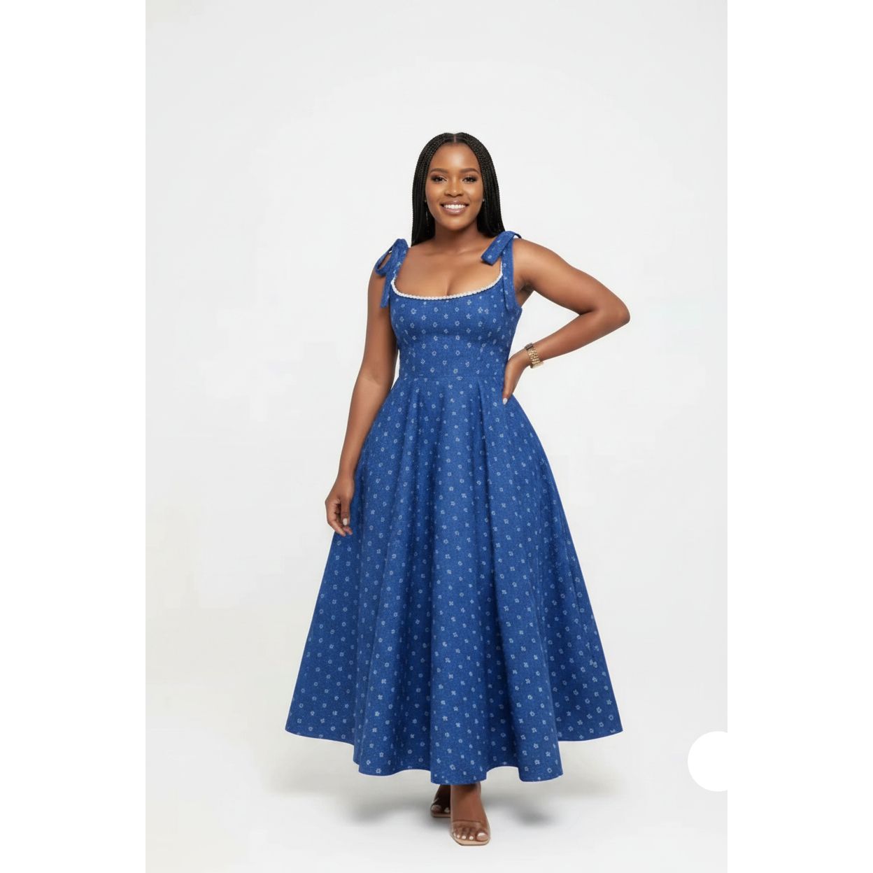 Plus Size Pearl Trim Shoulder Tie Dress