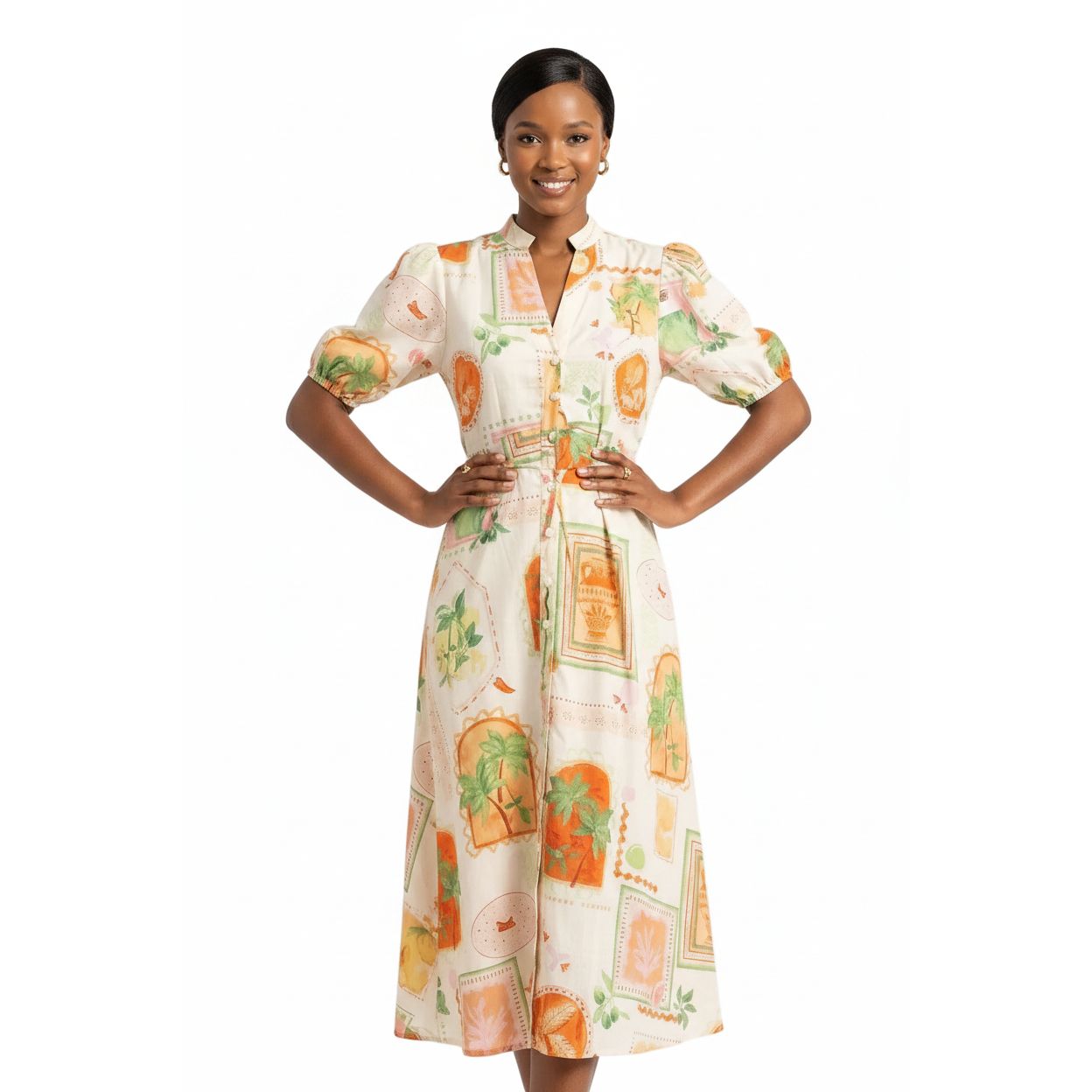 Puff-Sleeve Linen Midi Dress