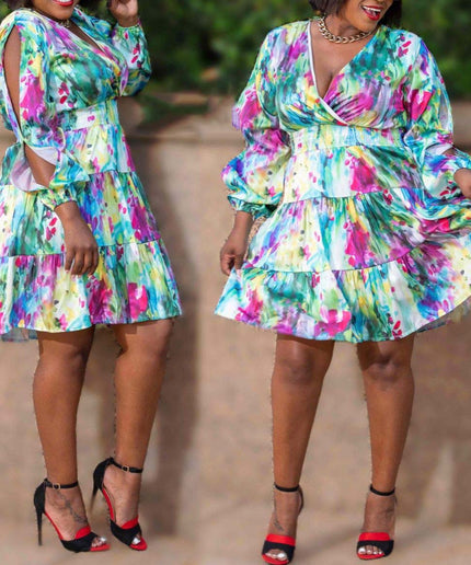 V-Neck Multi-Color Midi Dress
