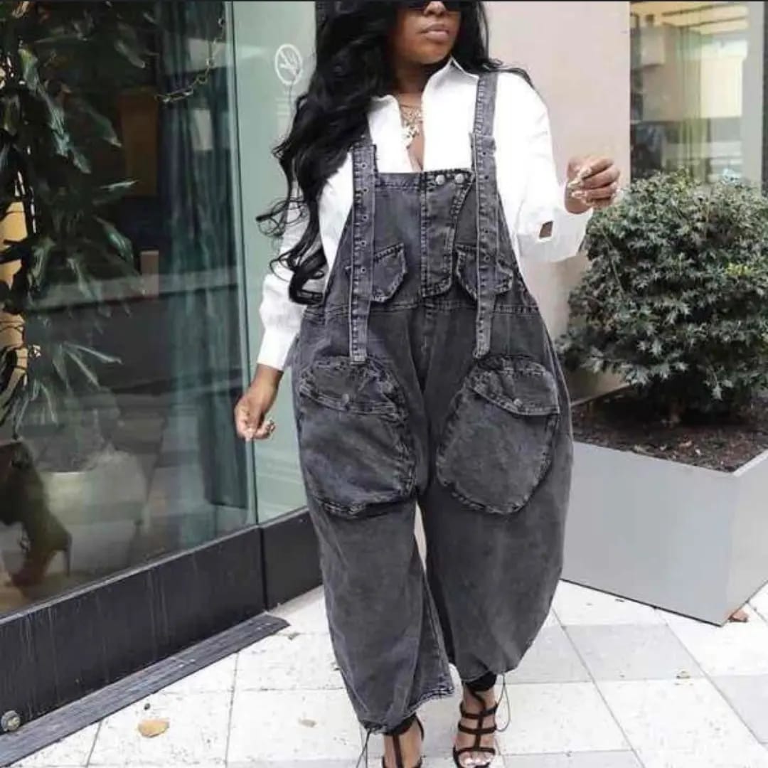 Big Pockets Loose Dungaree Denim Jumpsuit
