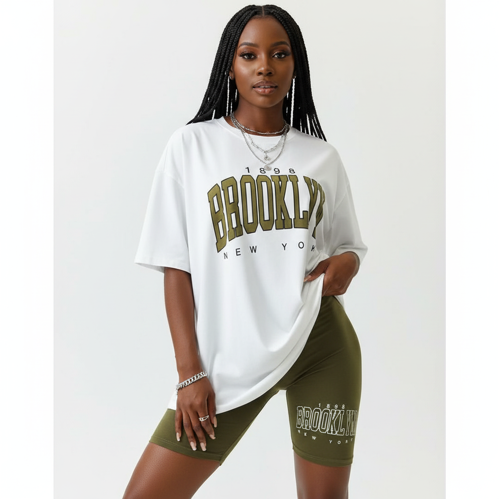 Short Sleeve Ladies Brooklyn Printed T Shirt and Tight Pants Set.