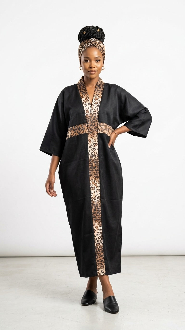 African Leopard Print Kaftan Maxi Dress with Duke