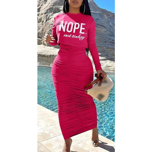 Solid Color Dress and Printed Crop Top Set