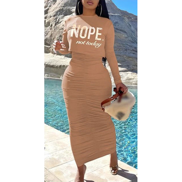 Solid Color Dress and Printed Crop Top Set