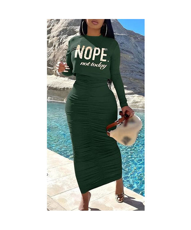 Solid Color Dress and Printed Crop Top Set