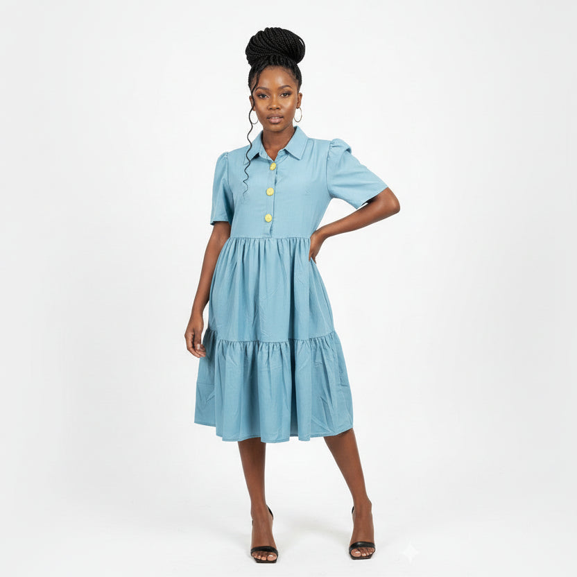 Collared Neckline Puffed Sleeves Midi Dress