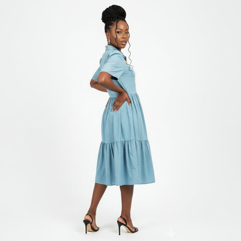 Collared Neckline Puffed Sleeves Midi Dress