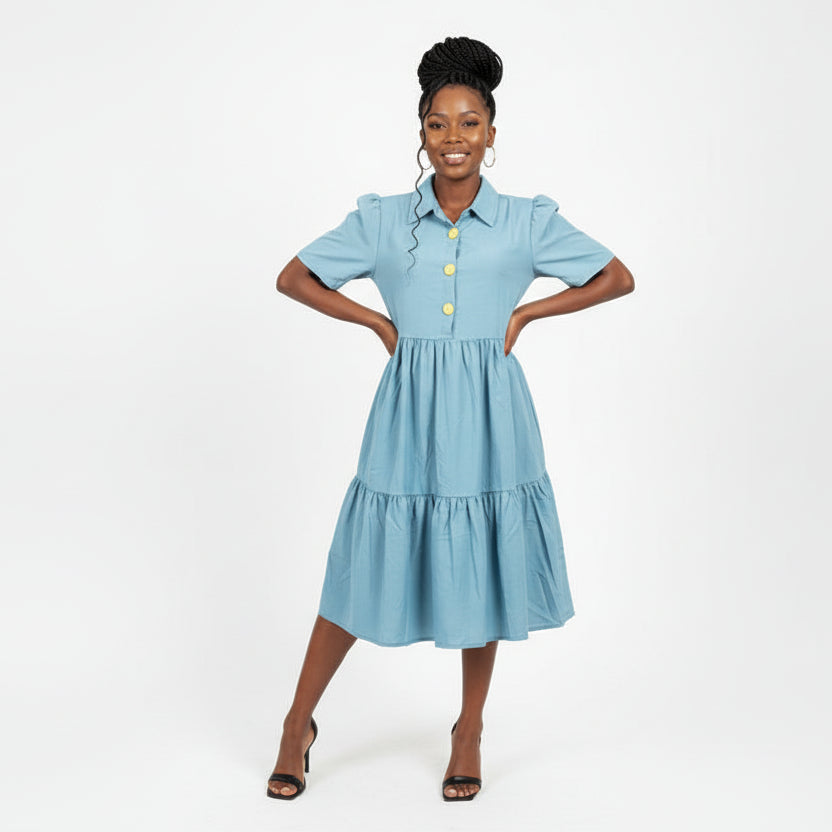 Collared Neckline Puffed Sleeves Midi Dress