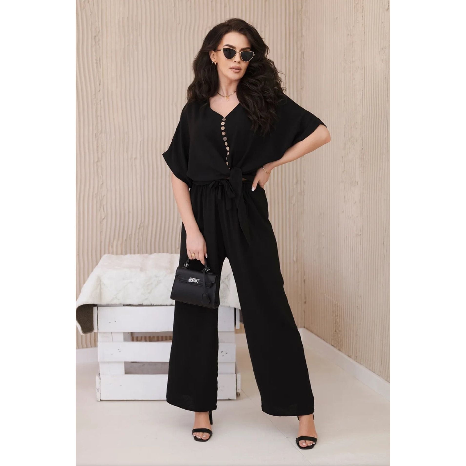Button Front Shirt & Wide Leg Pants Set.
