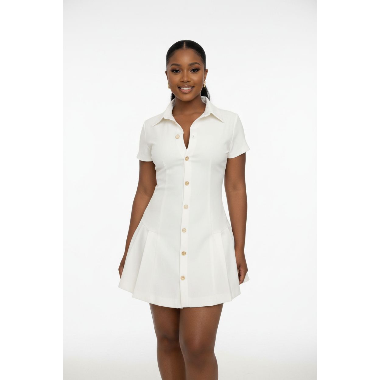 Button Detailed Short Sleeve Mini Dress