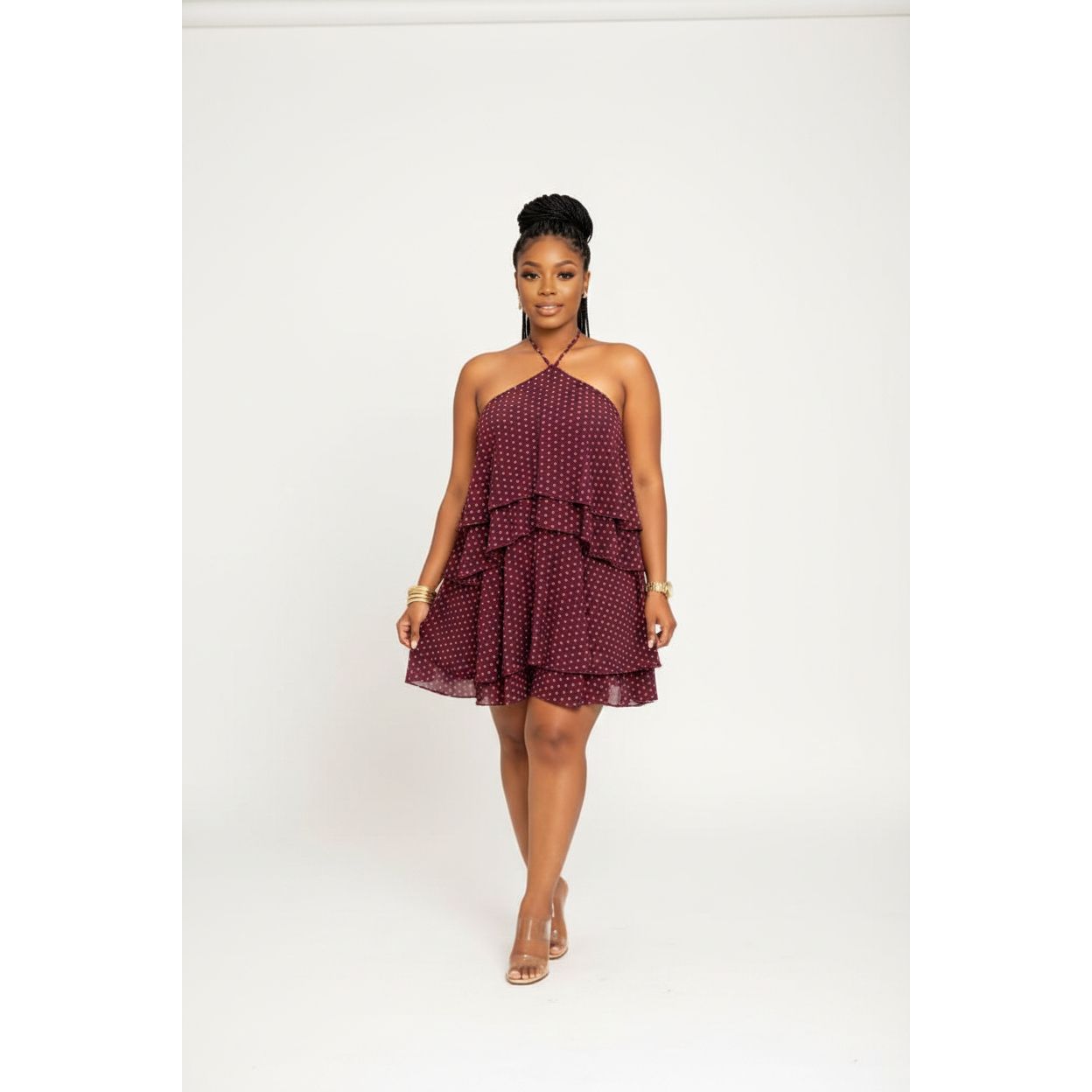 Polka Dot Halter Neck Tiered Ruffle Mini Dress