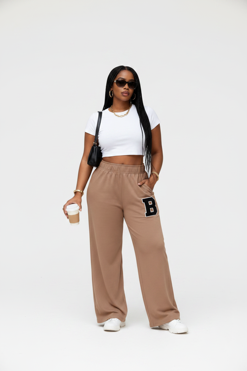 Women's High-Waisted Wide-Leg Track Pants with "B" Letter Patch.