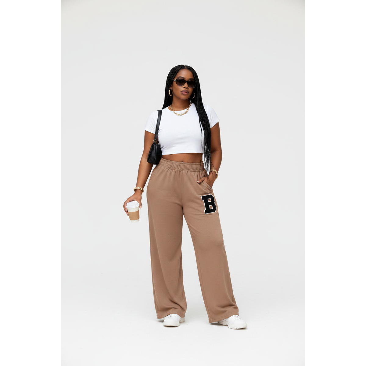 Women's High-Waisted Wide-Leg Track Pants with "B" Letter Patch.
