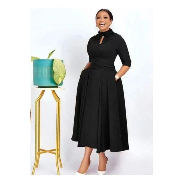 Three Quarters Sleeve Down-Collar Detailed Midi Dress