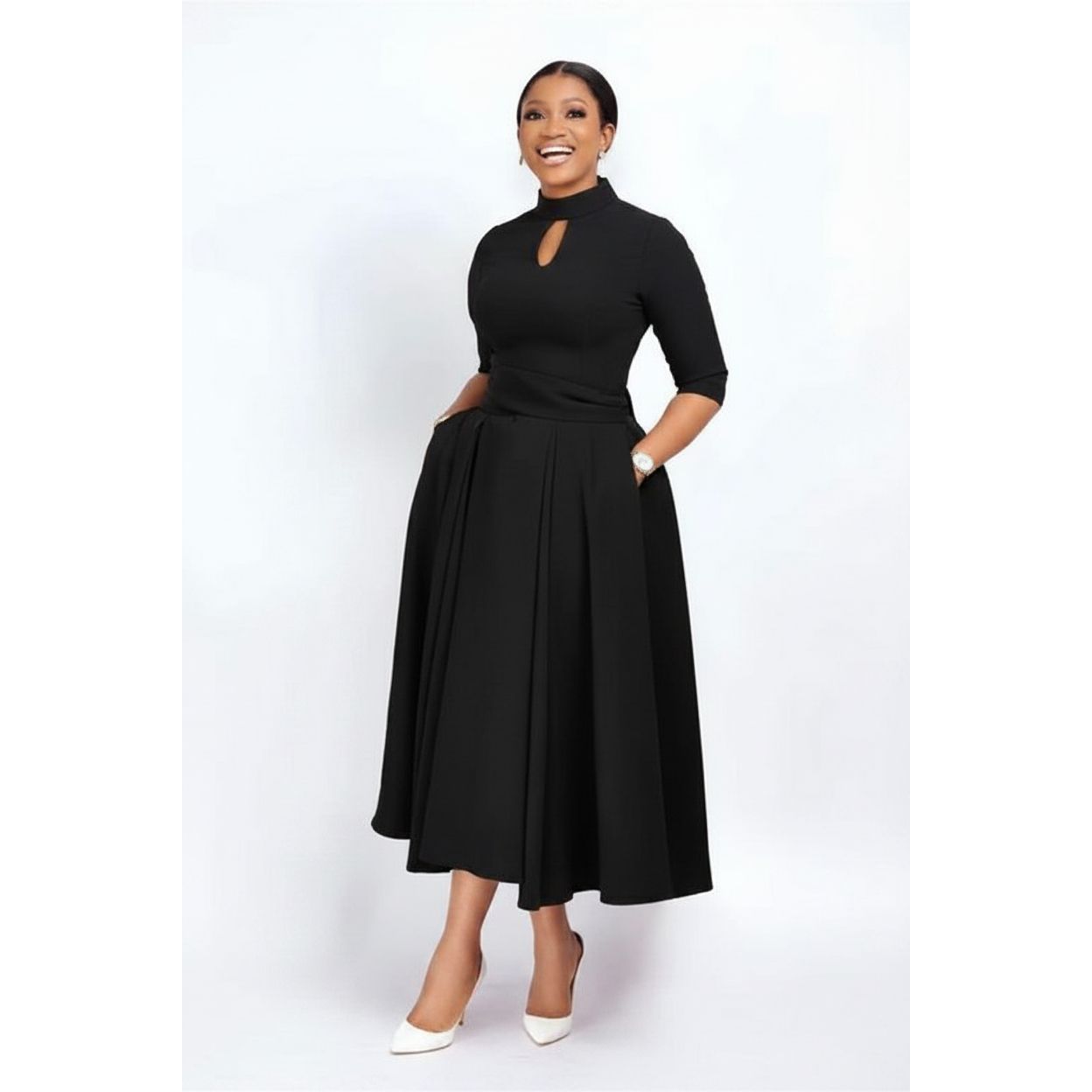 Women's Beaded Three-Quarter Sleeve Midi Dress
