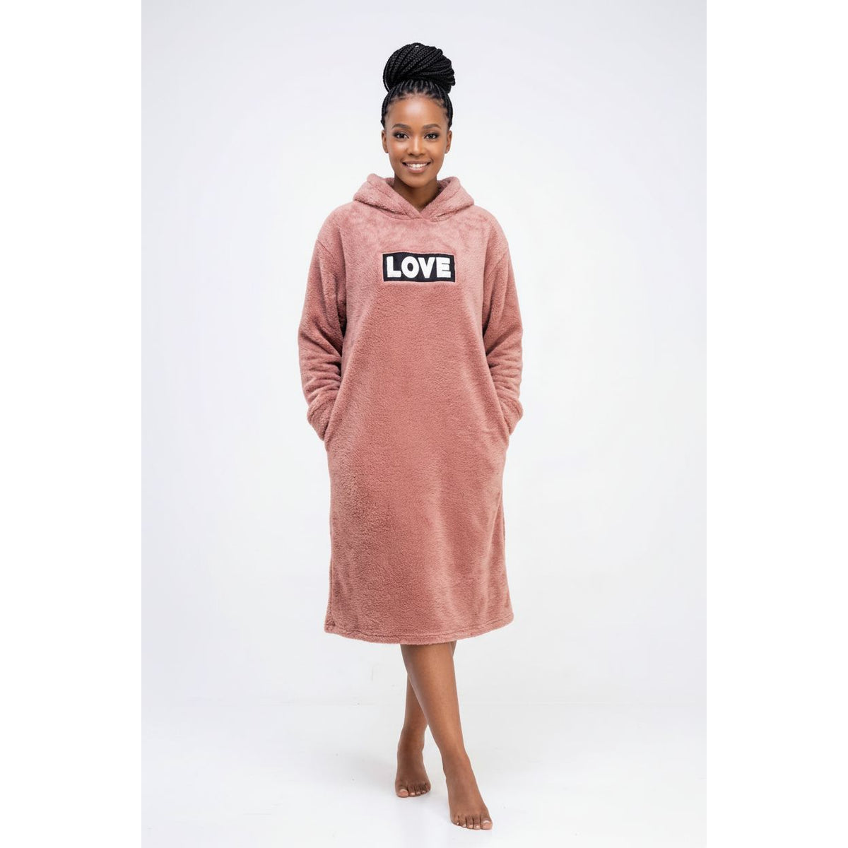 Women's Oversized Fleece Hoodie Lounge Dress – Plush 'LOVE' Embroidered Maxi