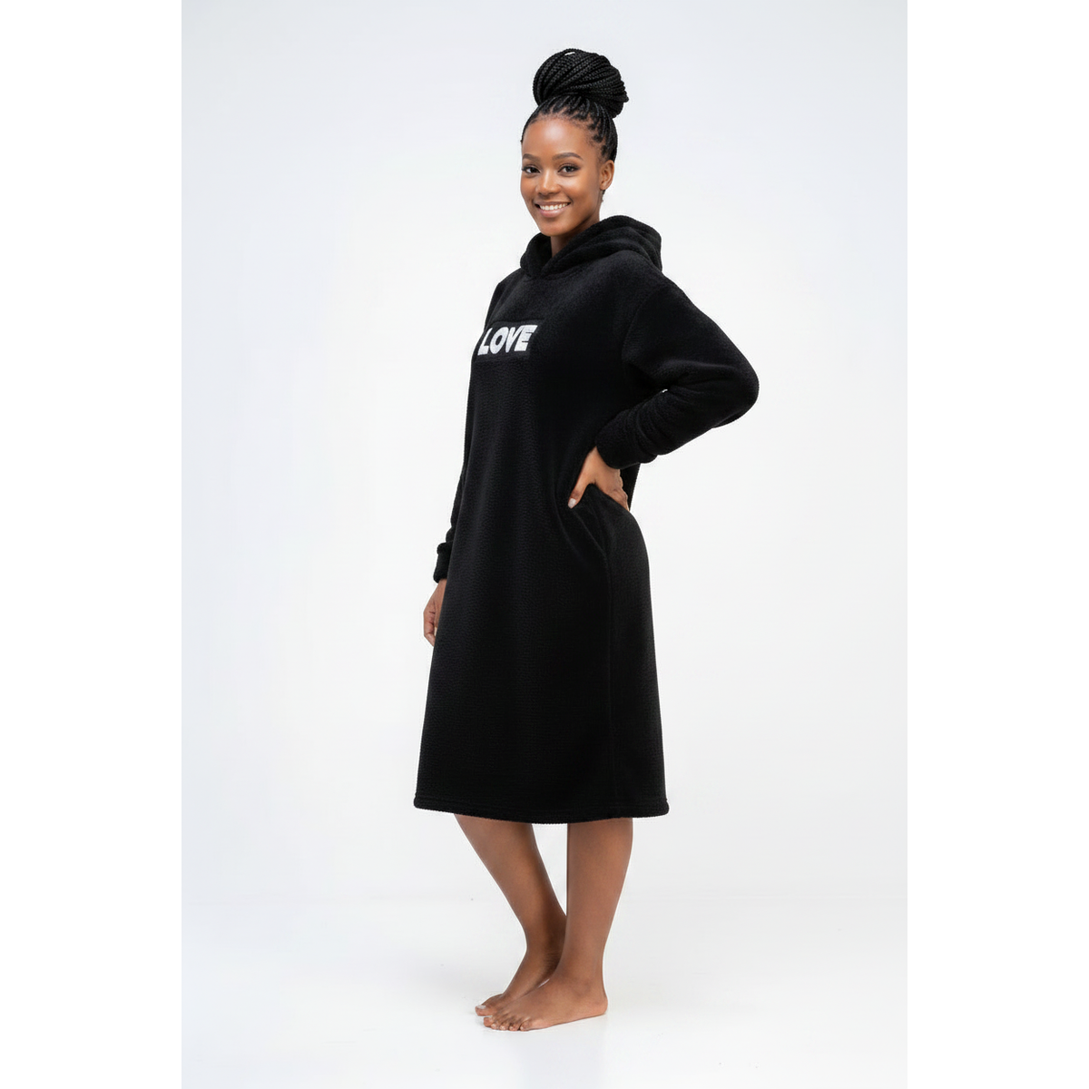Women's Oversized Fleece Hoodie Lounge Dress – Plush 'LOVE' Embroidered Maxi