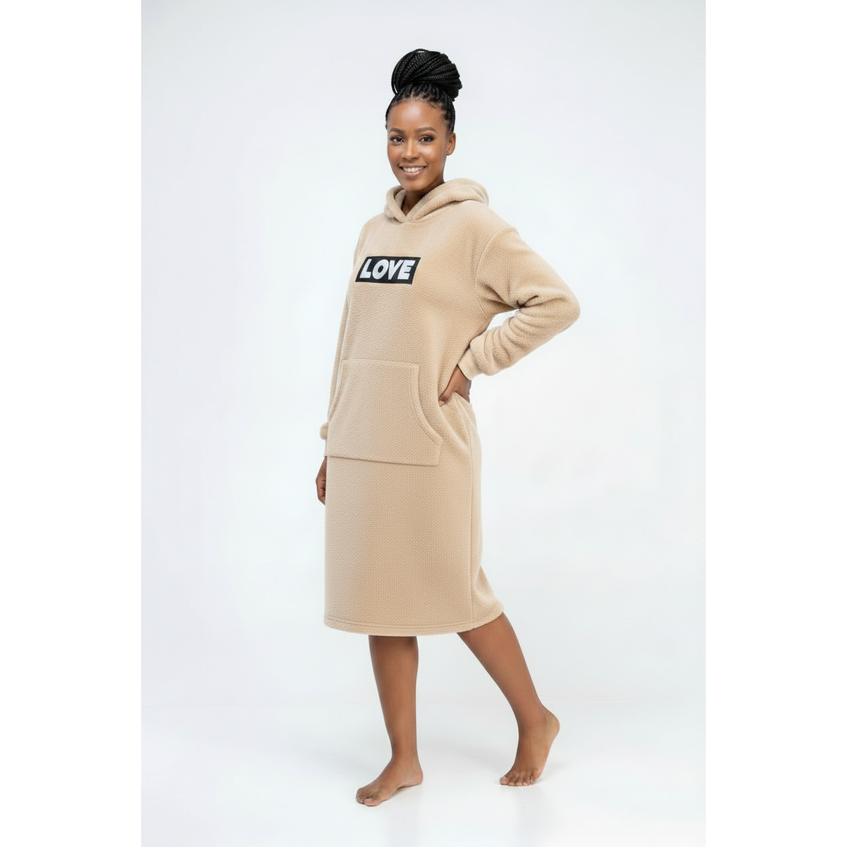 Women's Oversized Fleece Hoodie Lounge Dress – Plush 'LOVE' Embroidered Maxi