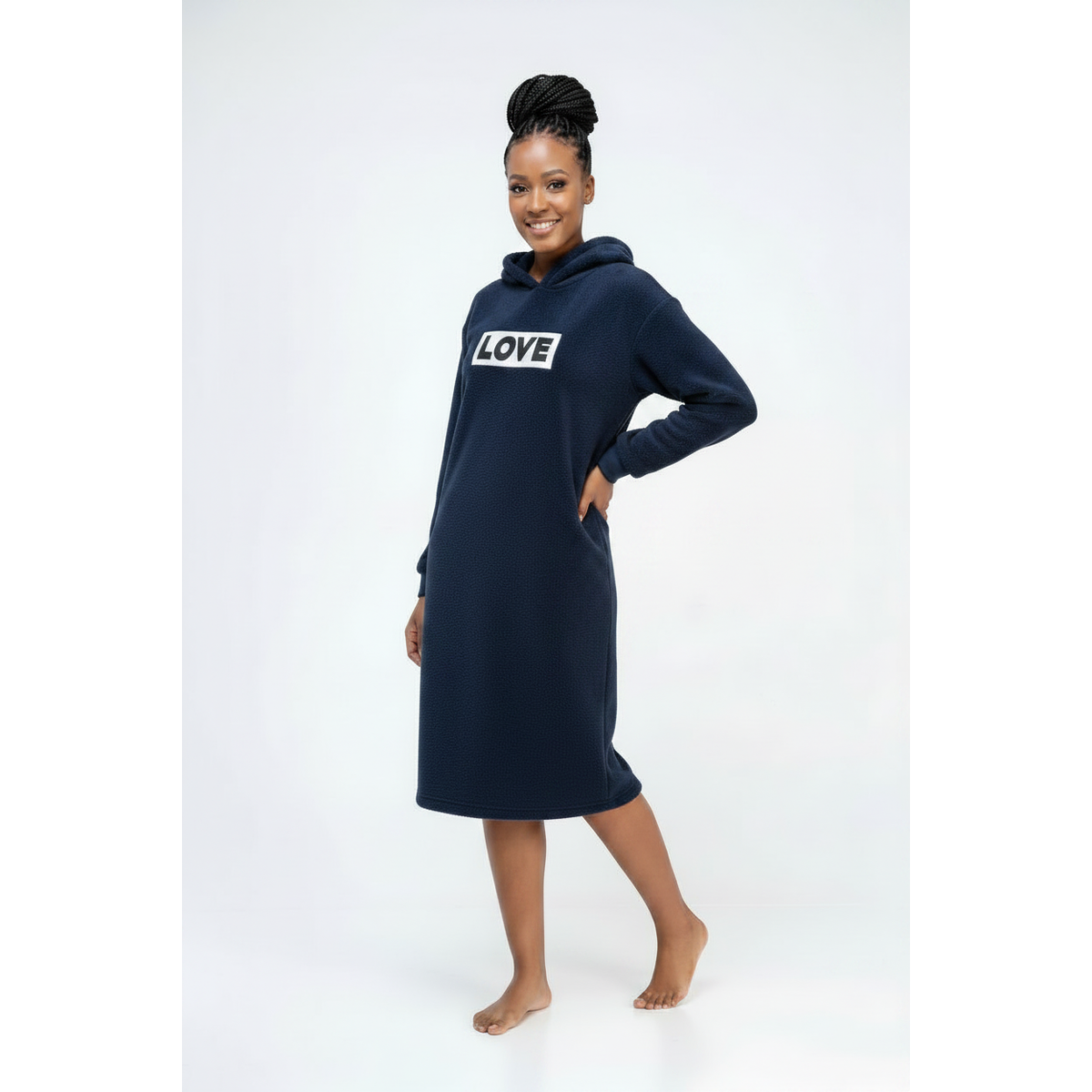 Women's Oversized Fleece Hoodie Lounge Dress – Plush 'LOVE' Embroidered Maxi