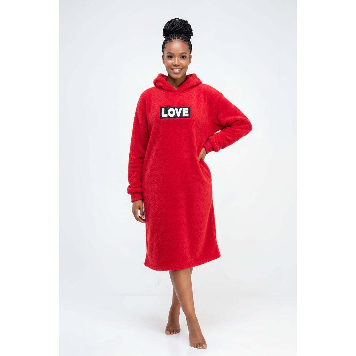 Women's Oversized Fleece Hoodie Lounge Dress – Plush 'LOVE' Embroidered Maxi