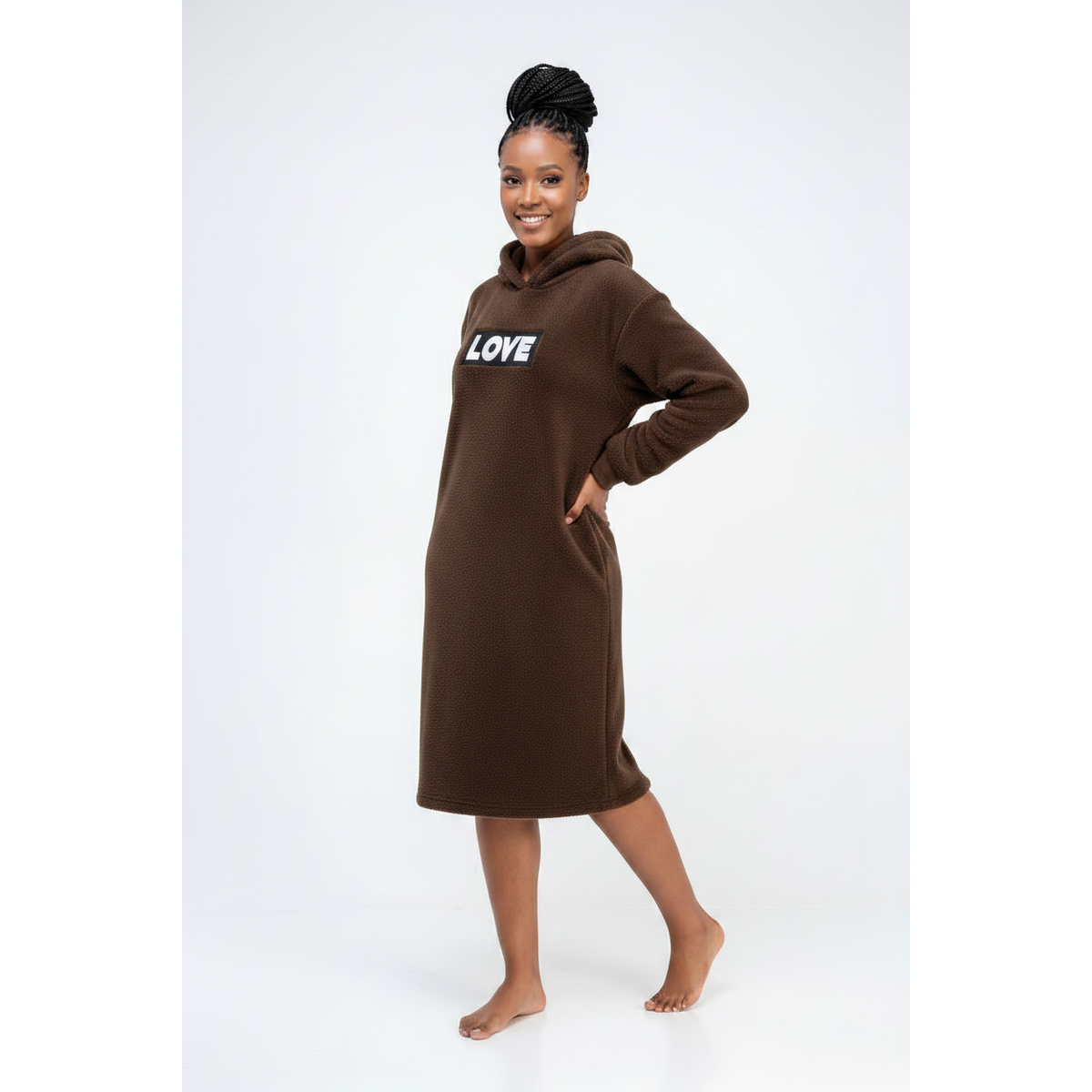 Women's Oversized Fleece Hoodie Lounge Dress – Plush 'LOVE' Embroidered Maxi