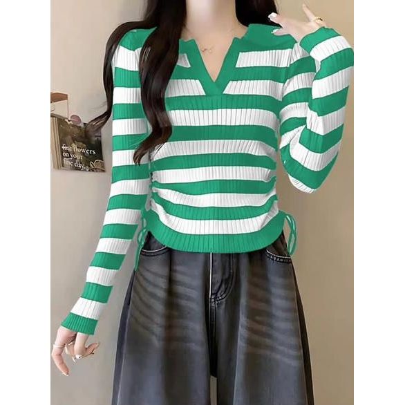 Knitted V-Neck Striped Top