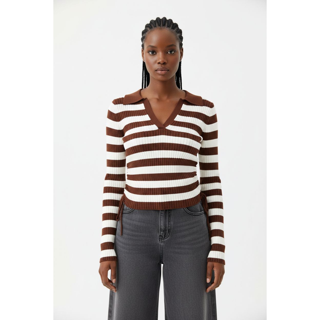 Knitted V-Neck Striped Top