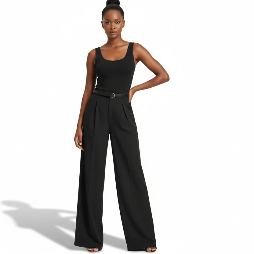 Women's Long Pleat Wide Straight-Leg Trousers