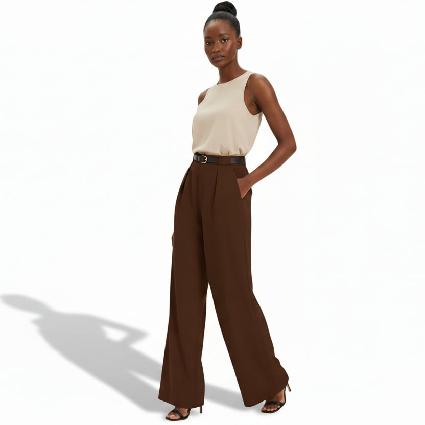 Women's Long Pleat Wide Straight-Leg Trousers