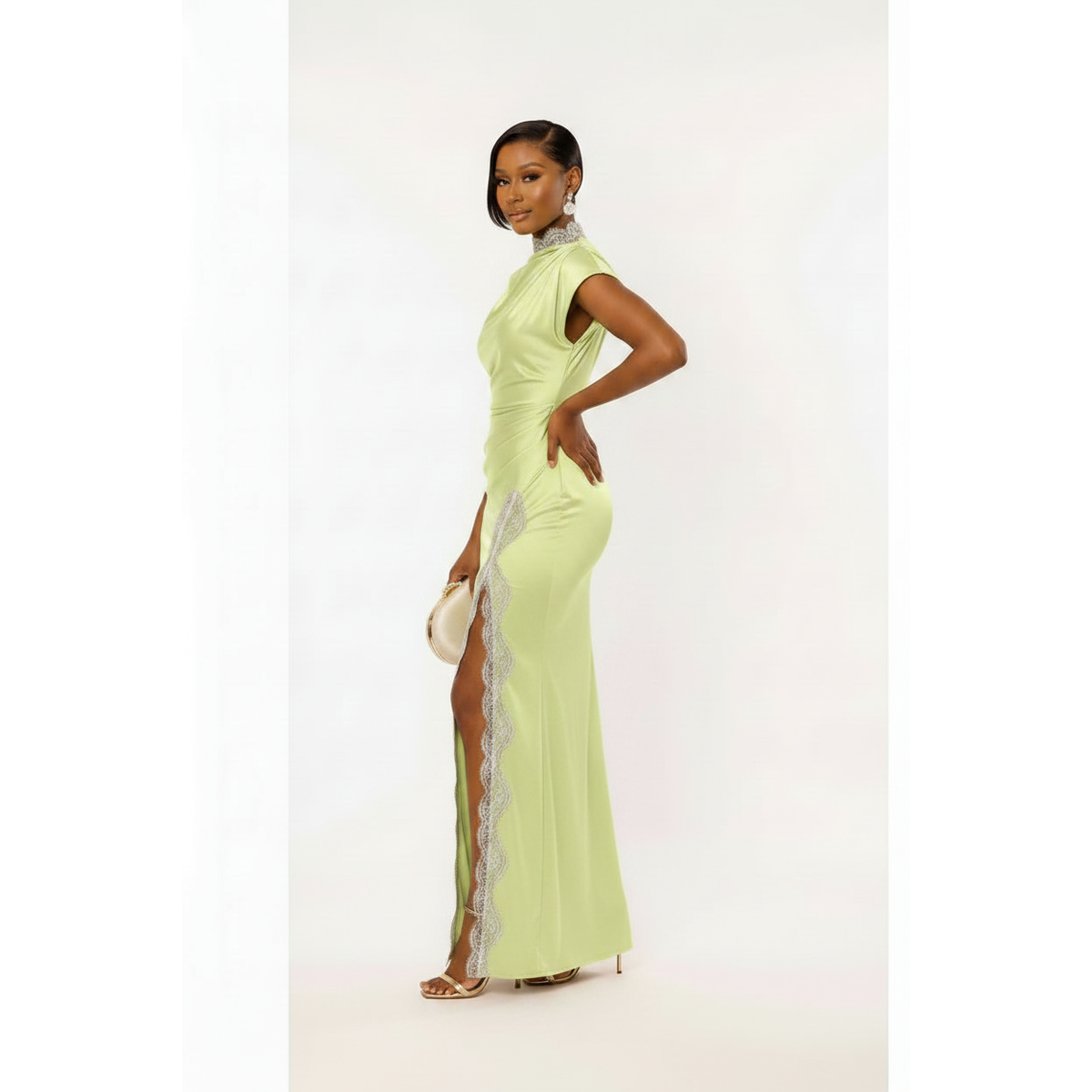 Women's Satin Lace Trim Thigh-High Slit Maxi Dress | Asymmetric Neckline