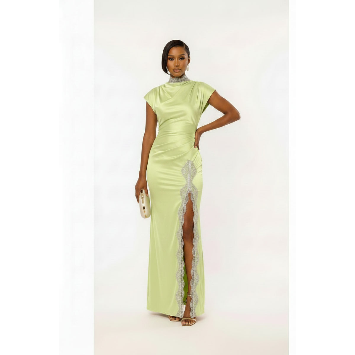 Women's Satin Lace Trim Thigh-High Slit Maxi Dress | Asymmetric Neckline