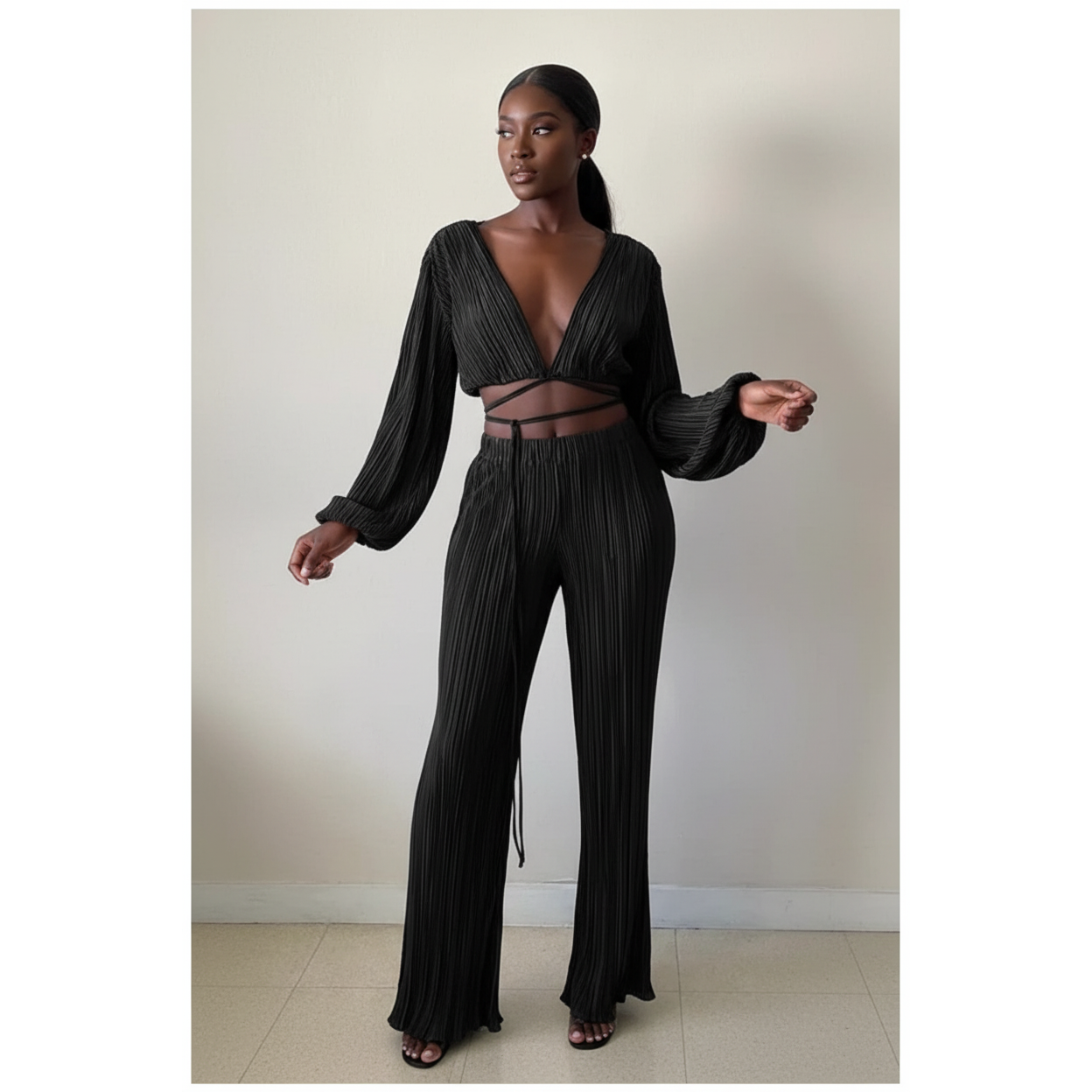 Solid Color Pant and Long Sleeve Crop Top