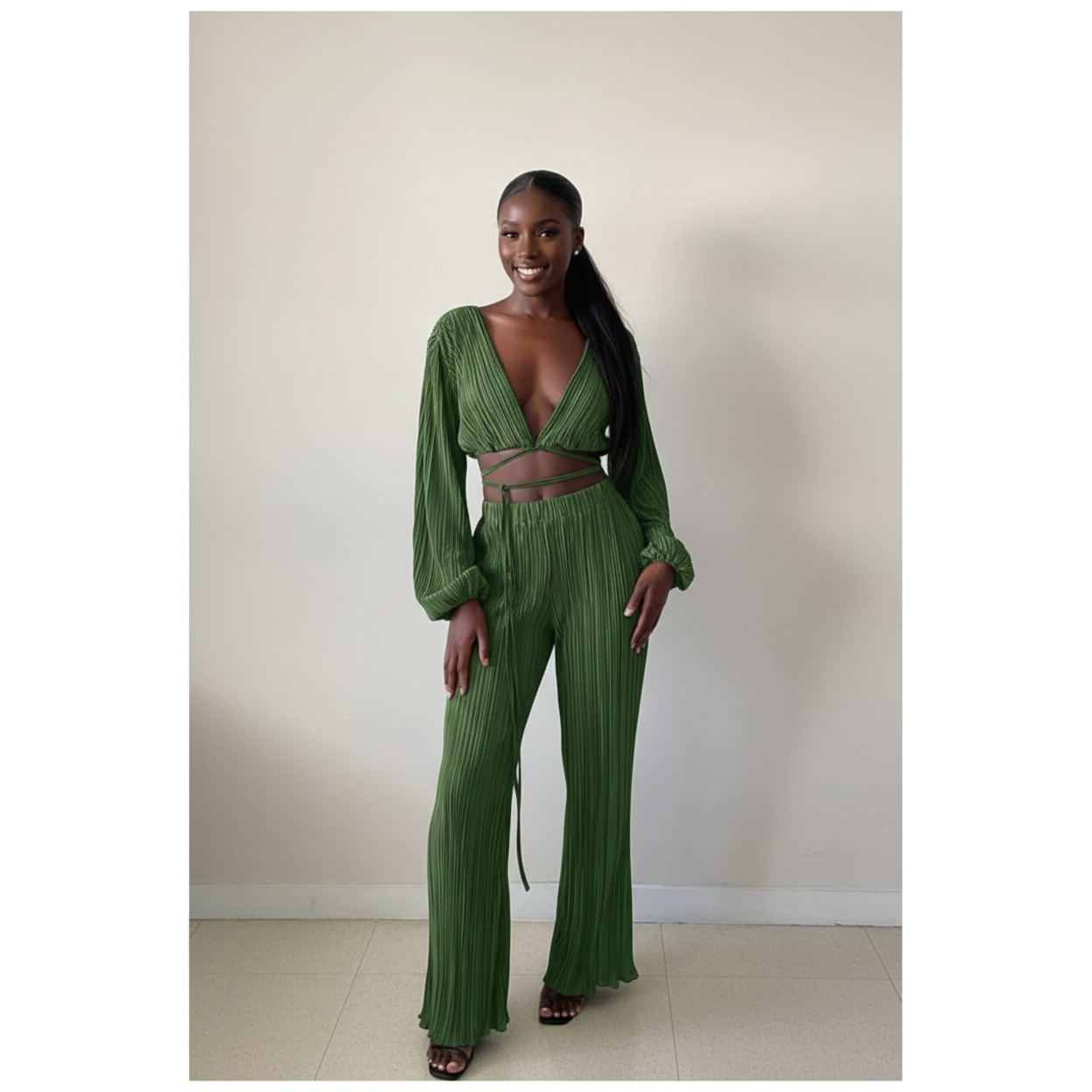 Solid Color Pant and Long Sleeve Crop Top