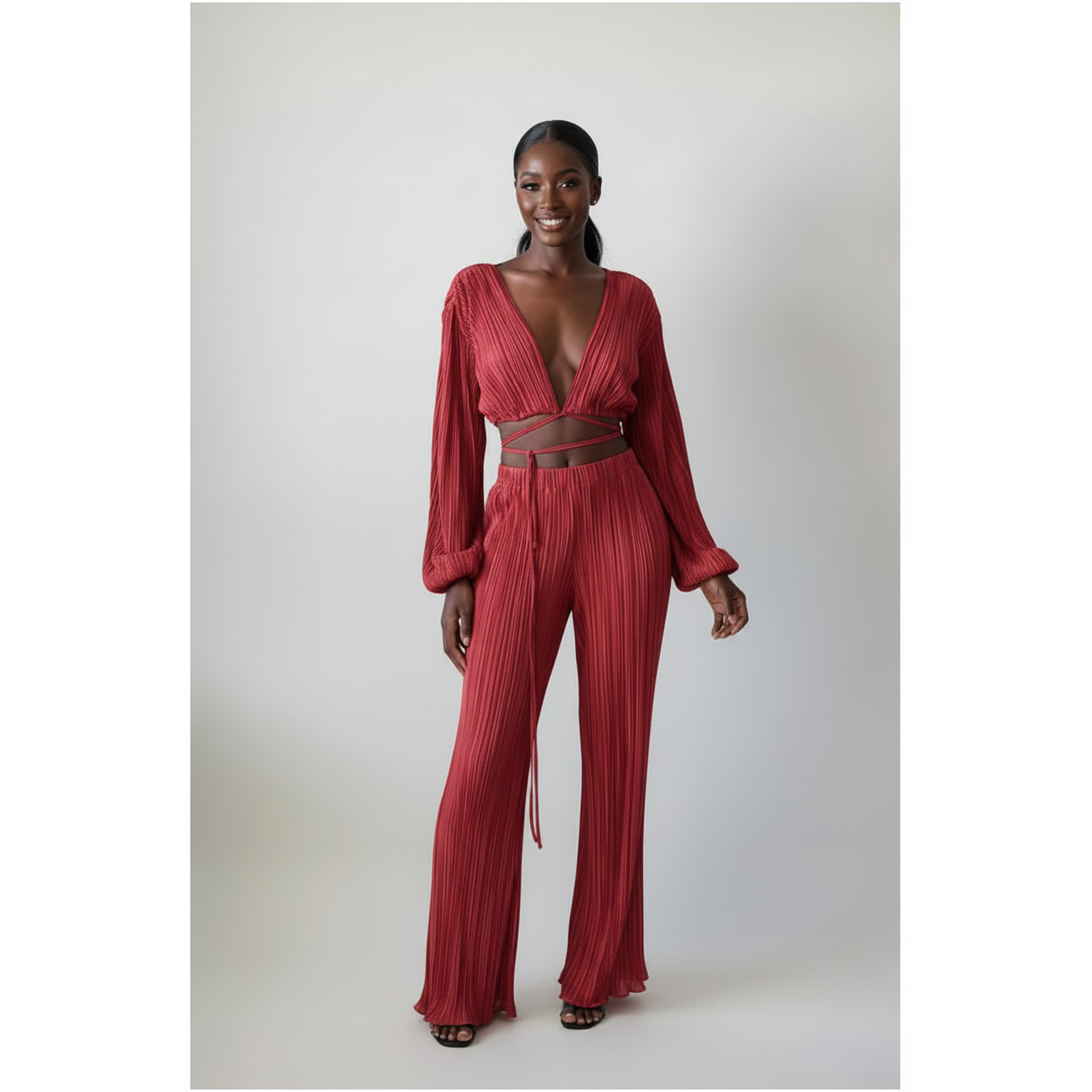 Solid Color Pant and Long Sleeve Crop Top